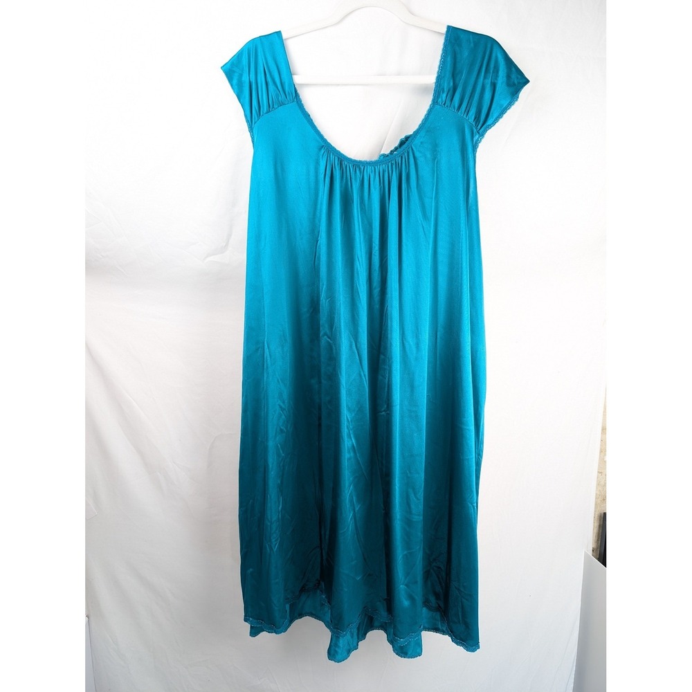 Vintage 80s Vanity Fair Satin Lace Trim Babydoll Dress Size XL Blue Nightgown - Picture 7 of 9
